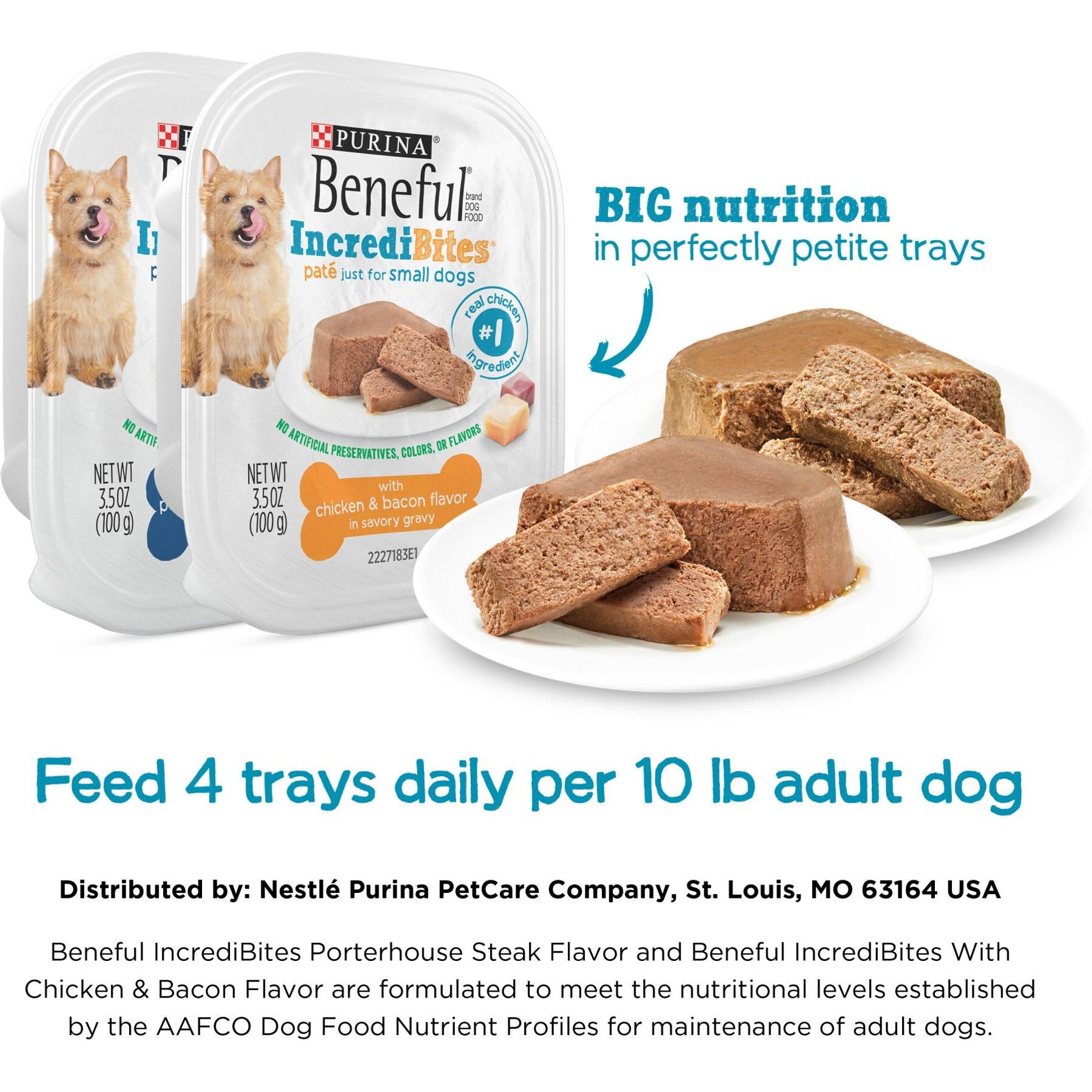 Purina Beneful IncrediBites Chicken & Bacon & Porterhouse Steak Variety Pack Pate Small Wet Dog Food, 3.5-oz tray, case of 12
