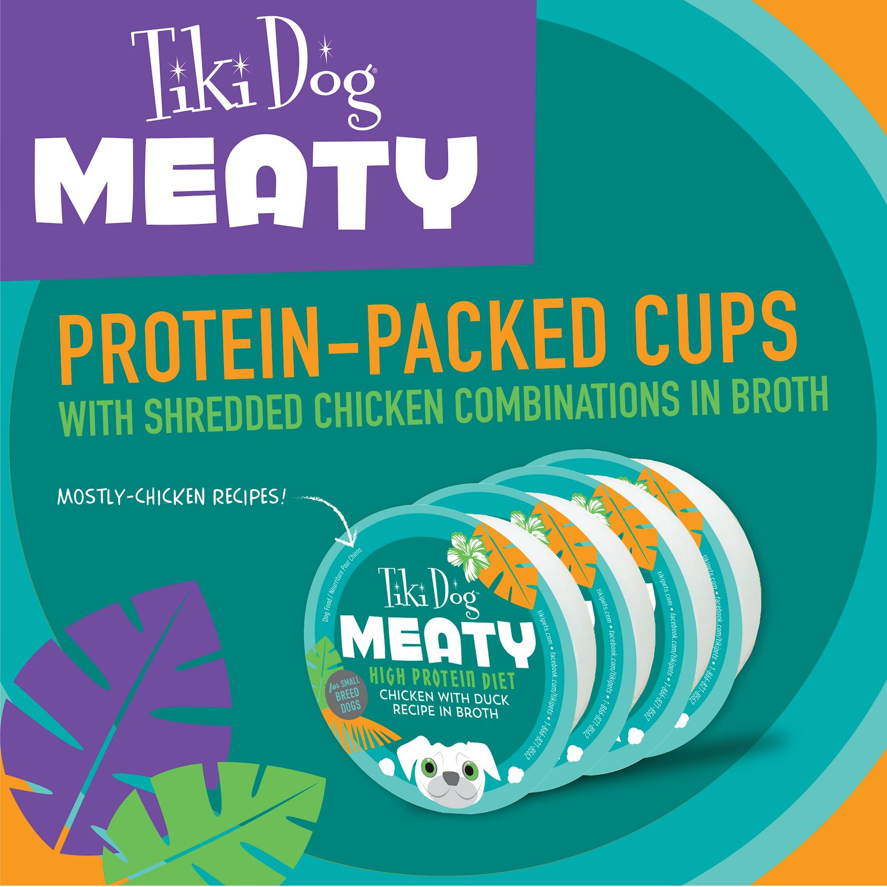 Tiki Dog Meaty High Protein Diet Chicken with Duck Recipe in Broth Grain-Free Wet Dog Food, 3-oz cup, case of 4
