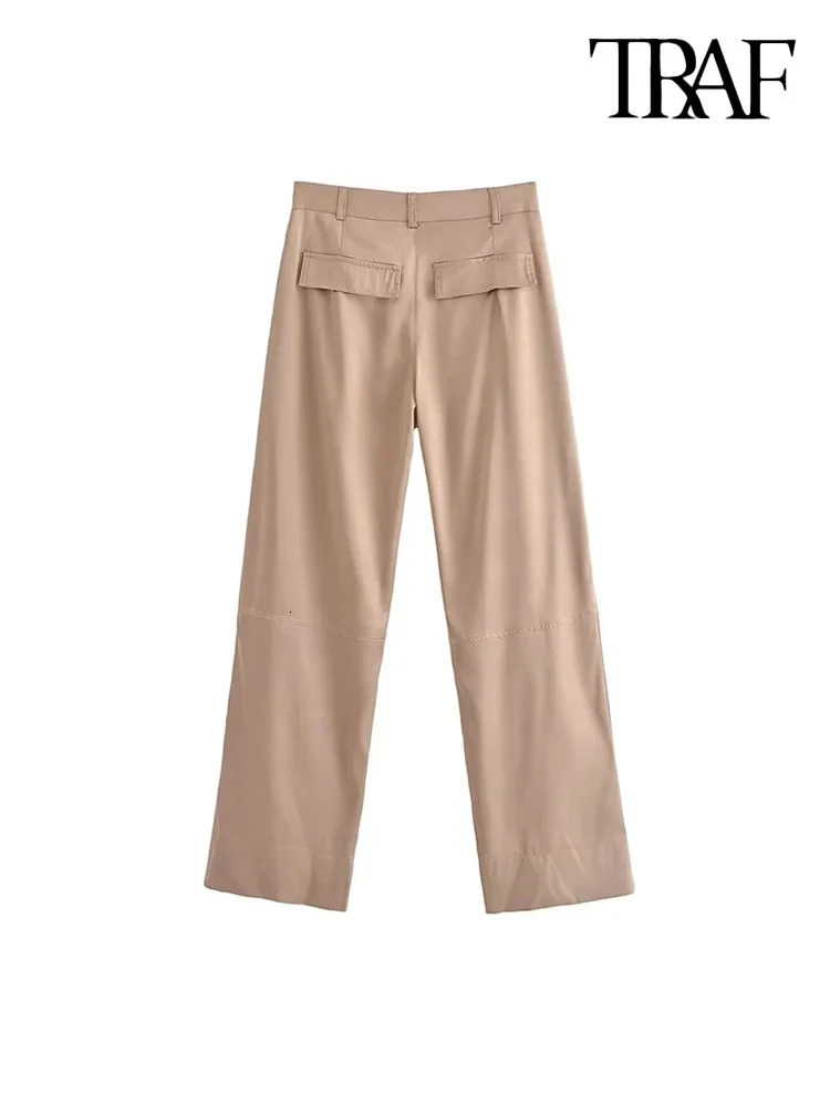 TRAF Women Fashion With Pockets Satin Cargo Pants Vintage High Waist Zipper Fly Female Trousers Mujer 240420
