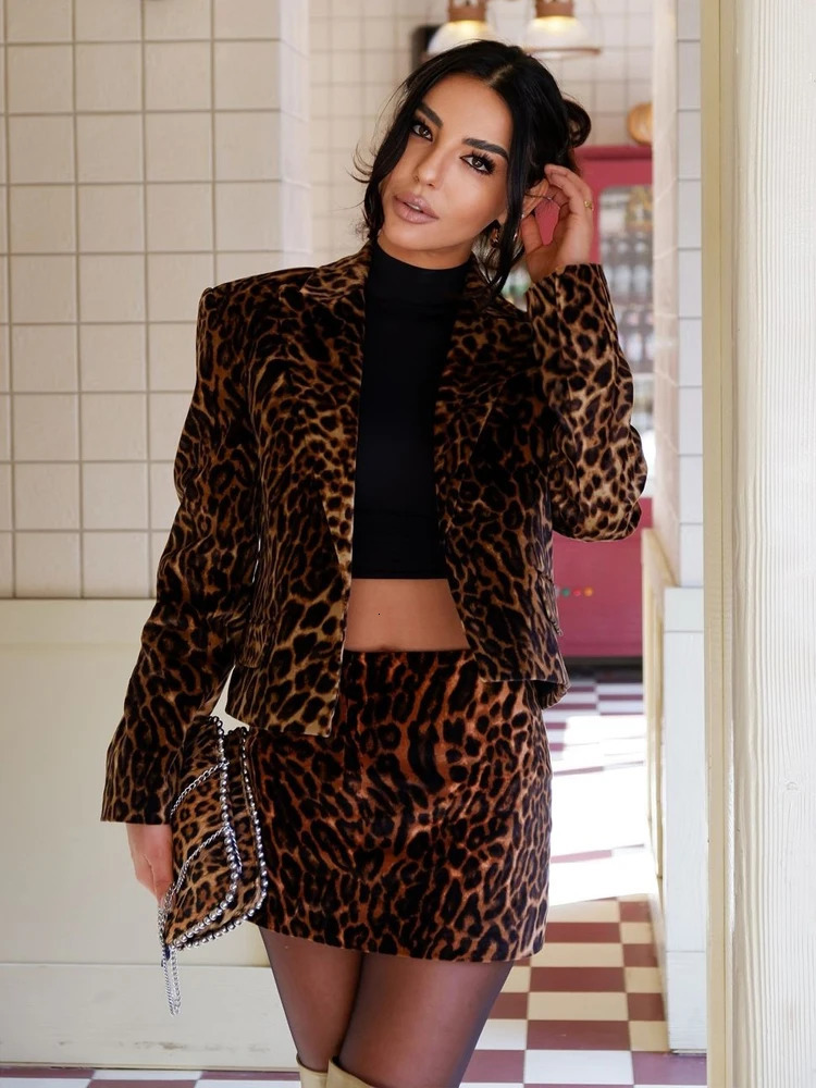 Chic Animal Leopard Mini Womens Elegant Collar Jacket A-line Short Skirt 2-piece Set Office Womens Wear 241119