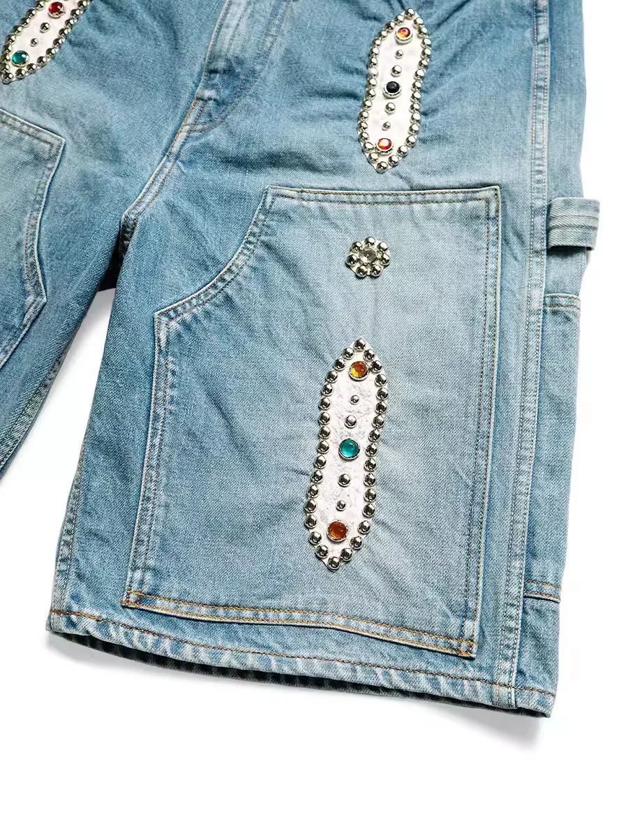 KAPITAL 23SS Blue Dyed Retro Distressed Loose Rivet-Inlaid Gemstone Denim Shorts 240417