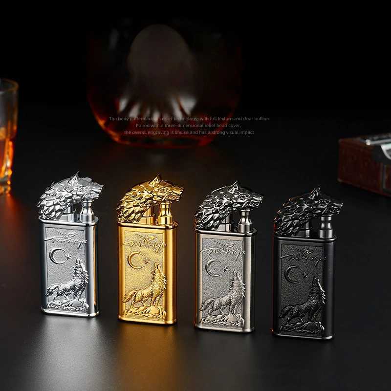 Lighters Creative Embossed Shenlong Double Fire Gas Metal Flame Spray Tool Cigarette Lighter Trendy and Fashionable Men T240422 W260202