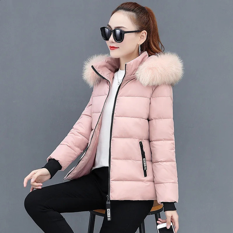 Zipper Fur Hooded Short Down Cotton Jacket Thickened Coat Fall Winter Casual Elegant Long Sleeve Warm Pocket Clothing 241120