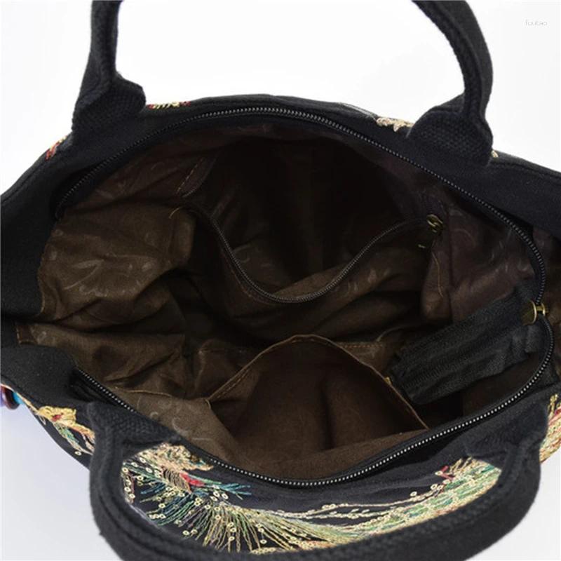 Evening Bags Shiny Sequins Peacock Embroidered Women Canvas Totes Bag Summer Shopping Shoulder Vintage Beaded String Handbag Black