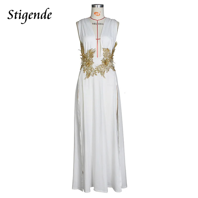 Stigende Floral Appliques Greek Goddess Dress Women Deep V Neck Prom Fairy Dress High Split Wedding Cocktail Night Party Dress 240420