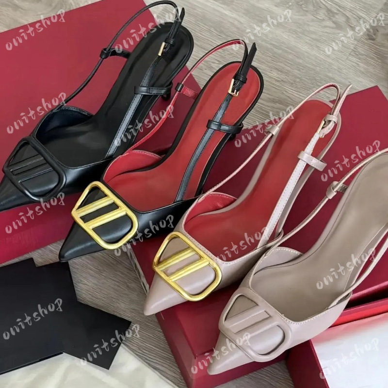 High Heels Designer Sandals Metal Buckle Pointed ToeThin Heel Genuine Leather for Women Shoes 6cm 8cm 10cm Summer Ladies Beach Sandal Party Wedding Shoes