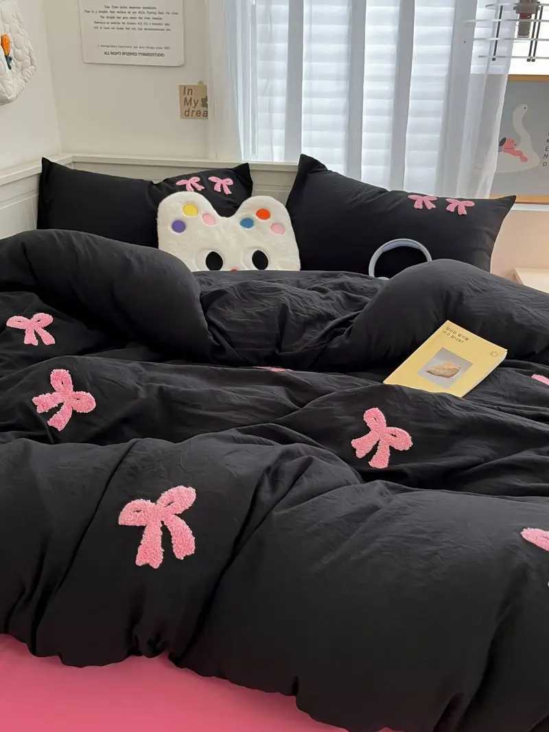 Ins Style Girl Blue 1.5m/1.8m Fitted Sheet Bow Towel Bedding Set Embroidery Washed Cotton Four-piece Set Bed Sheet Three-pieceC241122