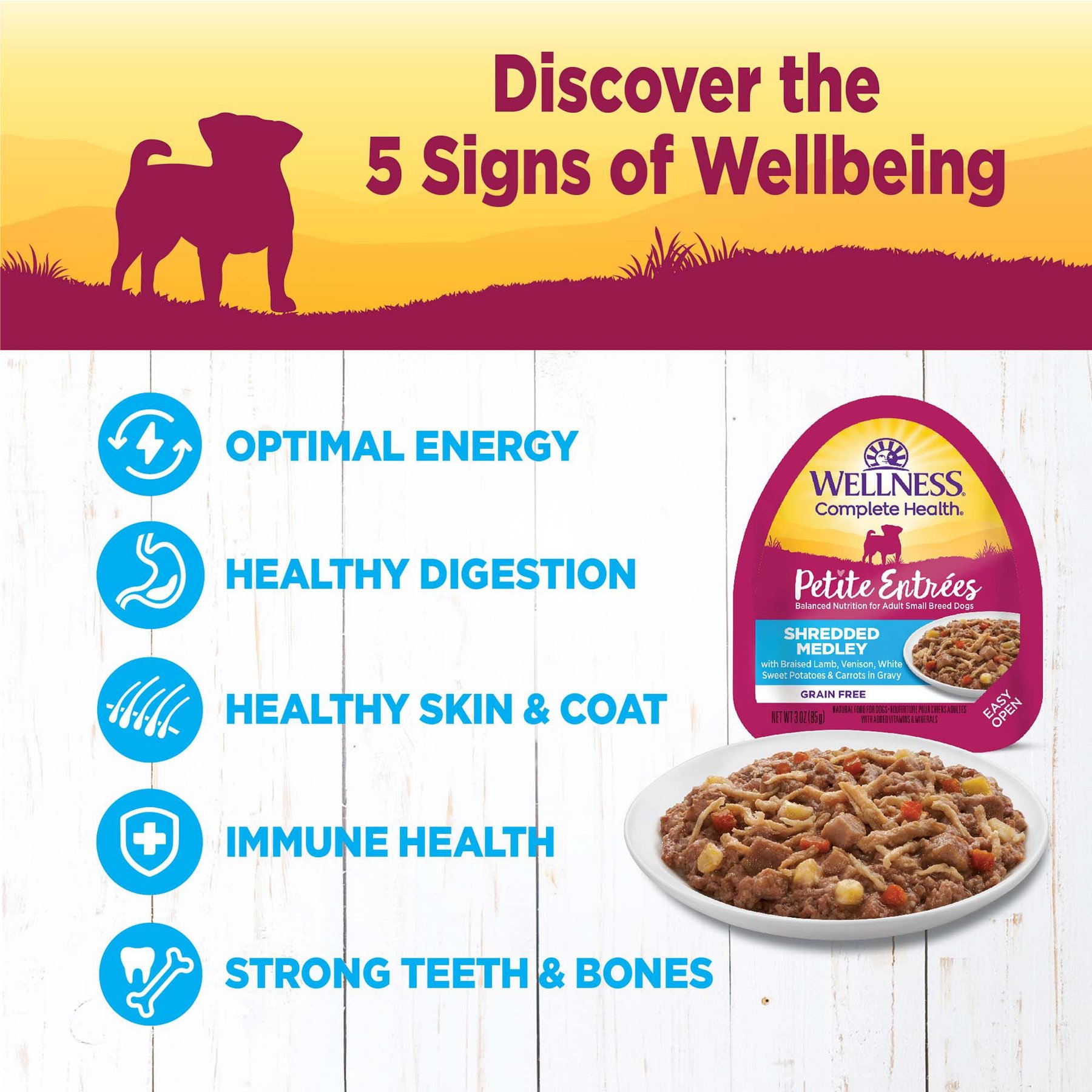 Wellness Petite Entrees Shredded Medley Lamb & Venison Small Breed Natural Wet Dog Food, 3-oz cup, 12 count