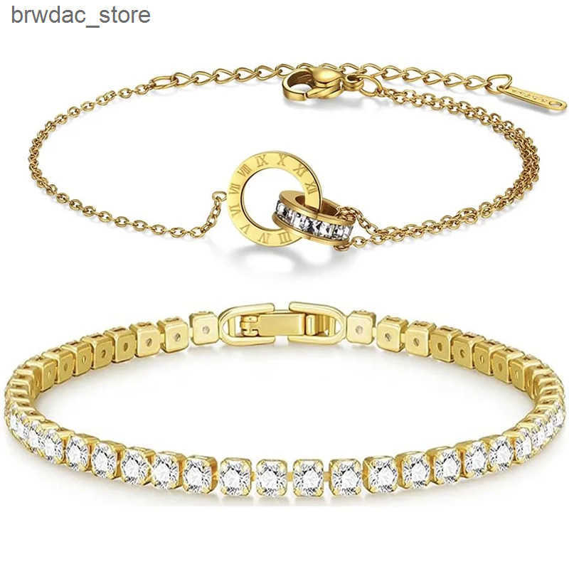 Charm Bracelets Roman Numeral Rhinestone Gold Color Tennis for Women New Stainless Steel Gold Plated Stacked Luxury Charm s L240910