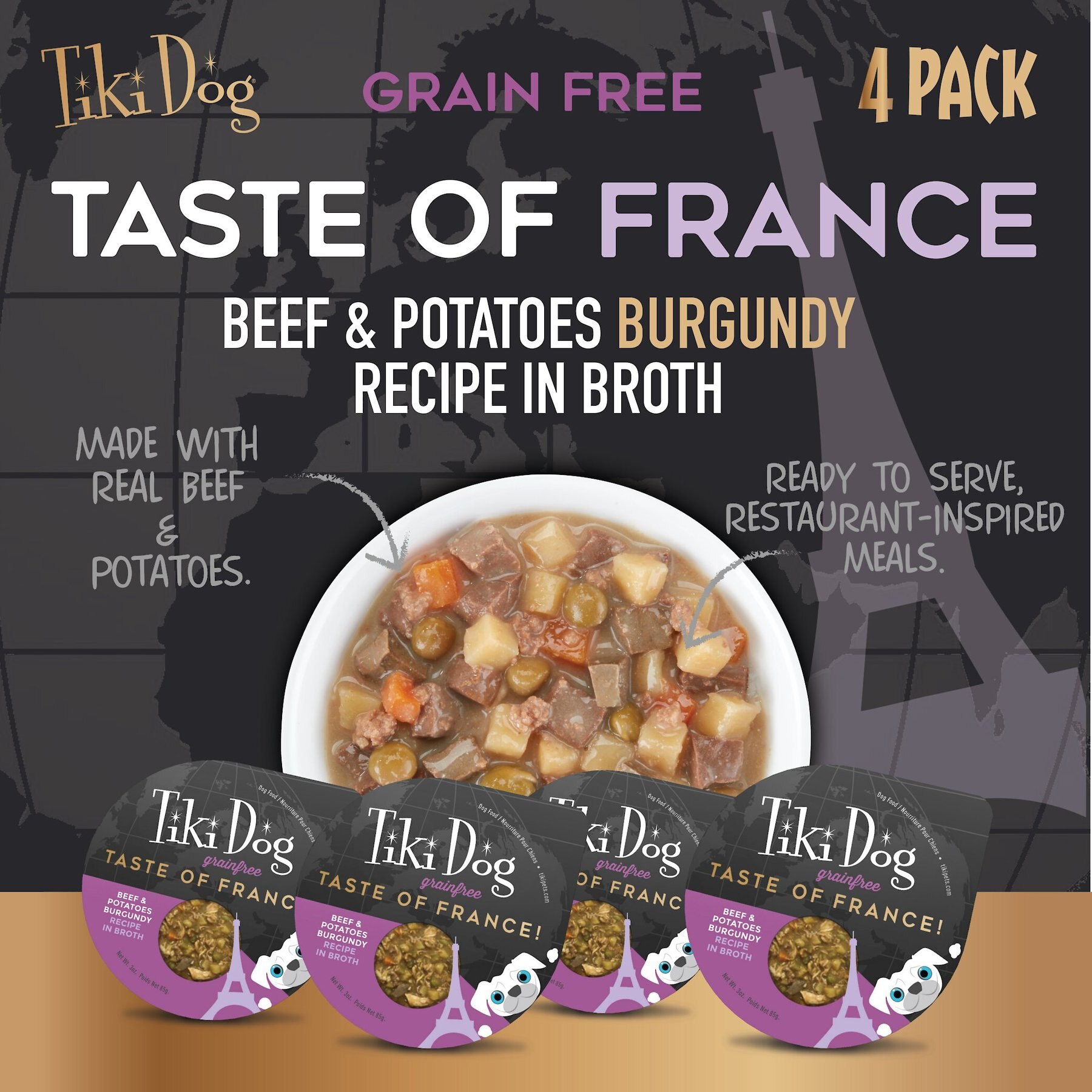 Tiki Dog Taste of France Beef, Potatoes & Burgundy Recipe in Broth Grain-Free Wet Dog Food, 3-oz cup, case of 4