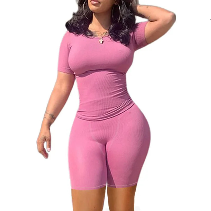 Lounge Wear Ribbed Casual 2 Piece Summer Shorts Set For Somen Short Sleeve TopElastic outfits 240420