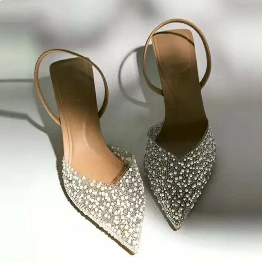 Slingback artificial pearl decoration womens pump wedding shoes sexy high heels sandals elegant summer party bridal shoes 241121