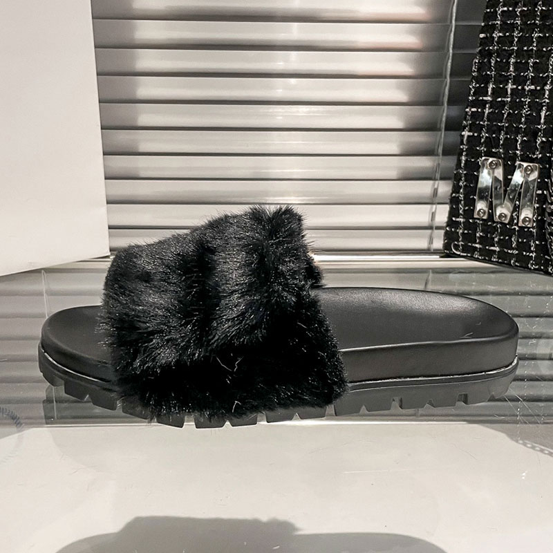 Winter Round Toe Slippers Fashion Womens Thick Soled Fur Slippers Shoes Slides