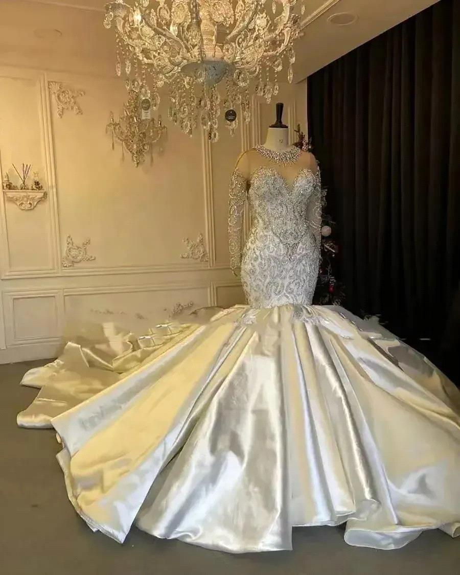 African Women Mermaid Wedding Dresses For Bride Beading Sequin Bridal Gowns Long Sleeves Vestidos De Boda bc19783