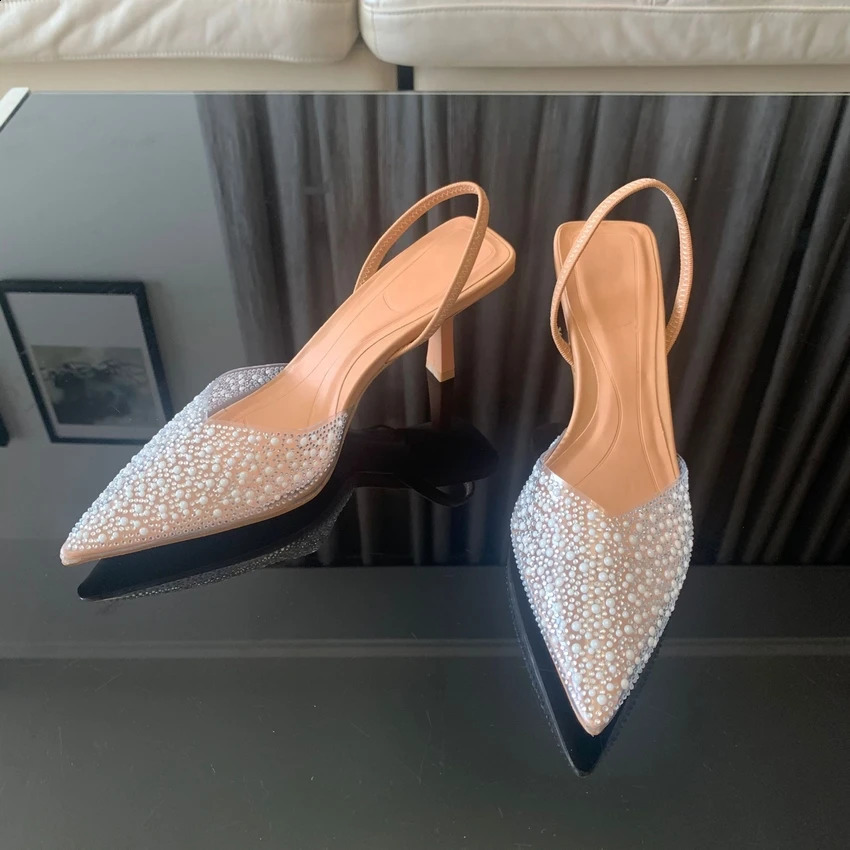 Slingback artificial pearl decoration womens pump wedding shoes sexy high heels sandals elegant summer party bridal shoes 241121