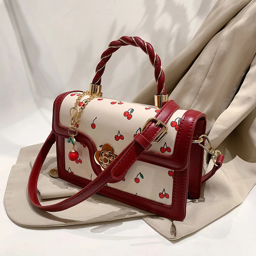 New Women s Cherry Pattern Sweet Chain Slant PU Leather Fashion Handbag Women s High trend Quality Designer leisure Small Shoulder Square Bag