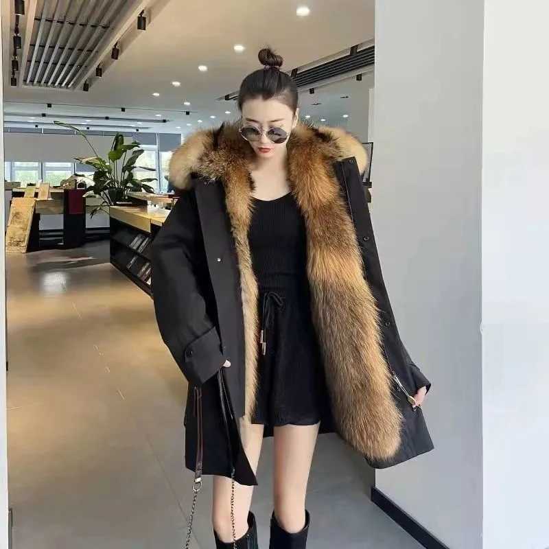 New winter 2024 Kn long hooded loose ultra-thin womens raccoon fur coat with detachable fur lining warm and casual womens coat 5XL W241122