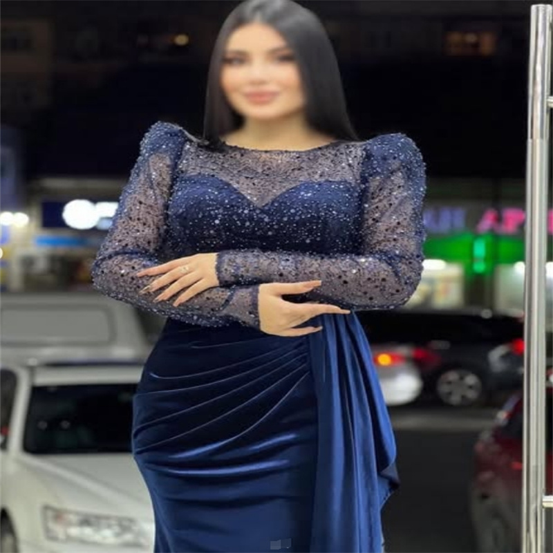 Arabic Dubai Navy Blue Prom Dress With Slit Elegant Mermaid Velvet Evening Gowns Long Sleeve Sequin Plus Size Formal Robe De Soiree Custom Vestidos Pa