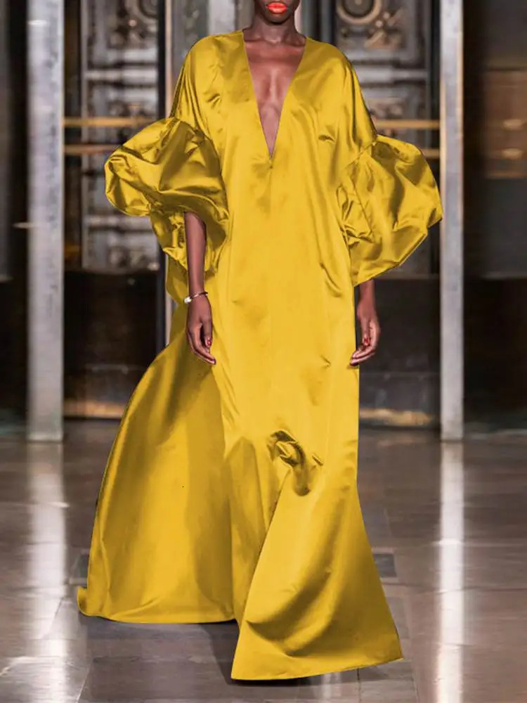 VONDA Women Elegant Satin Maxi Dress Summer Lantern Sleeve Solid Party Sundress Casual Loose V-Neck Bohmeian Evening Robe 240420