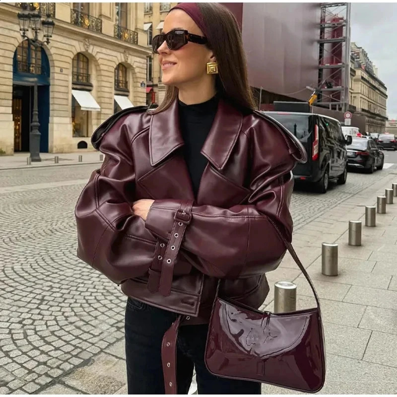 TRAF Faux Leather Bomber Jackets for Women Fashion Cropped Jacket Woman Streetwear Outerwears Long Sleeve Coats 241121 - view 6