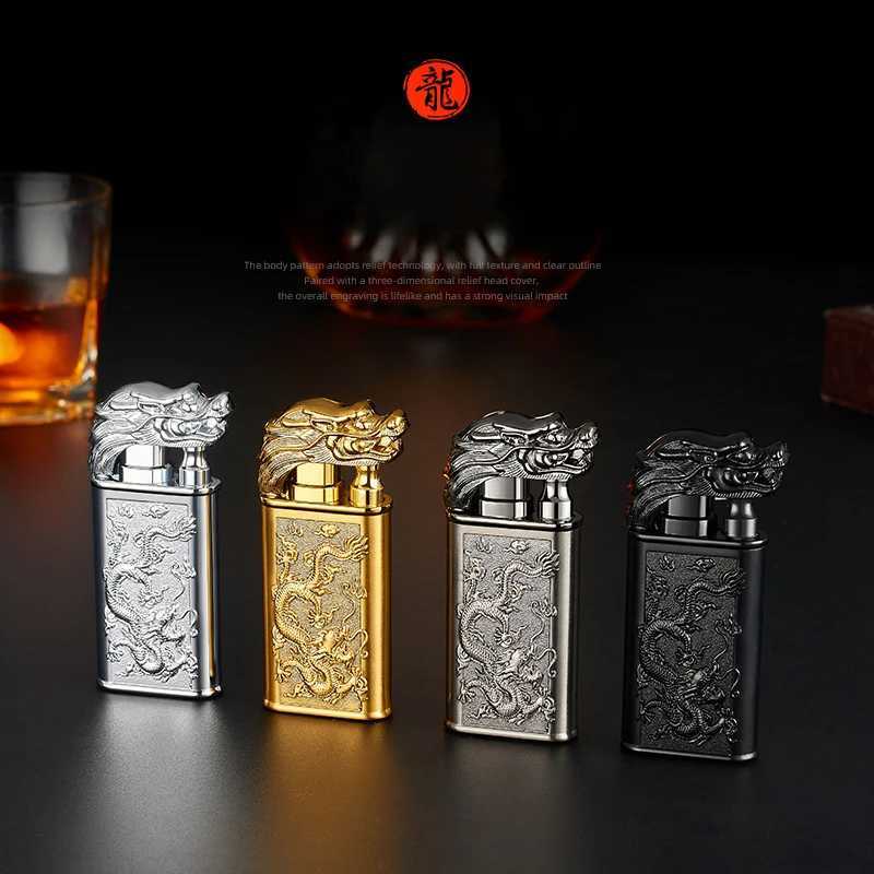 Lighters Creative Embossed Shenlong Double Fire Gas Metal Flame Spray Tool Cigarette Lighter Trendy and Fashionable Men T240422 W260202