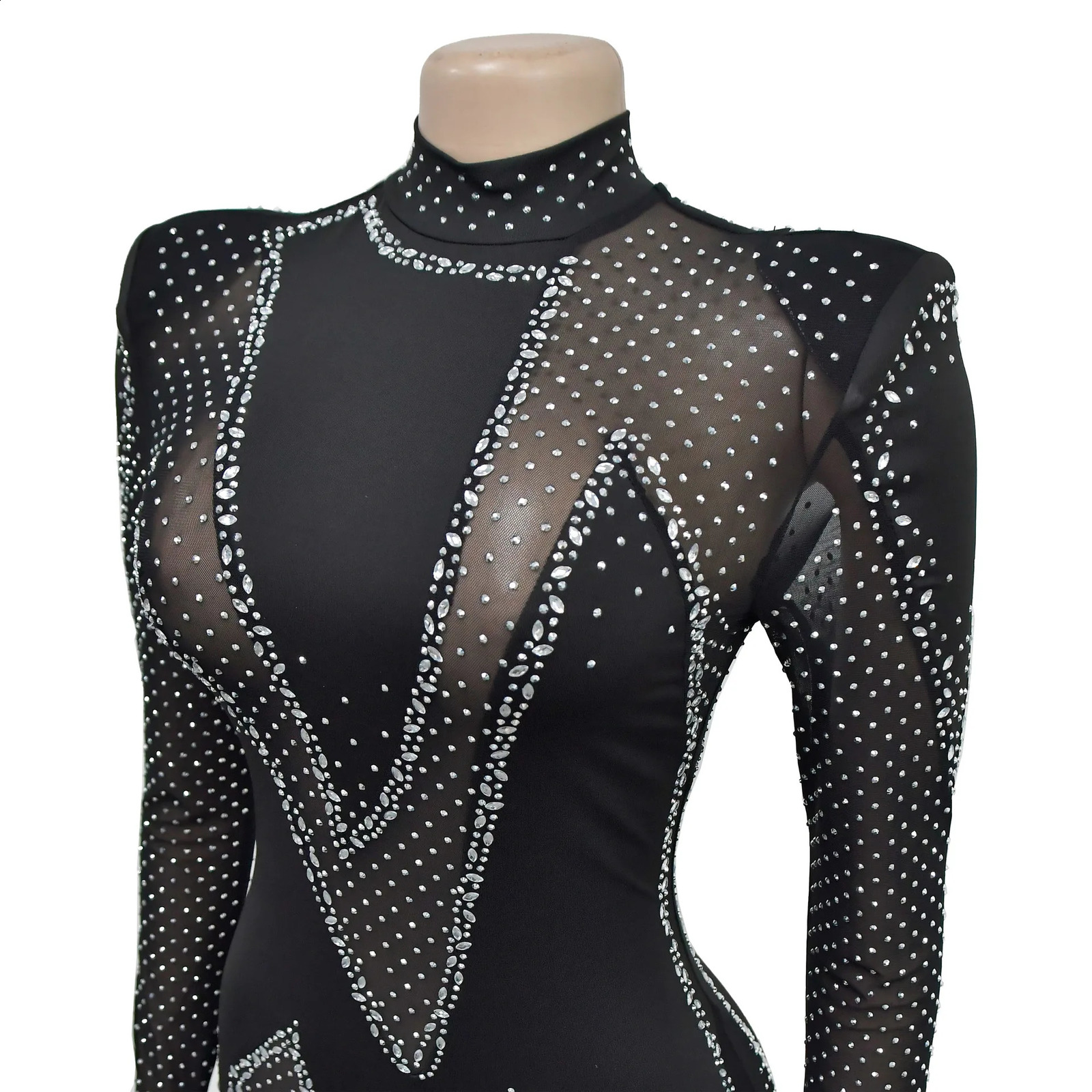 CMYAYA Women Fashion Mesh See Though Diamonds Rhinestones Sexy Party Club Jumpsuit One Piece Suit Romper Playsuits 241121 - view 7