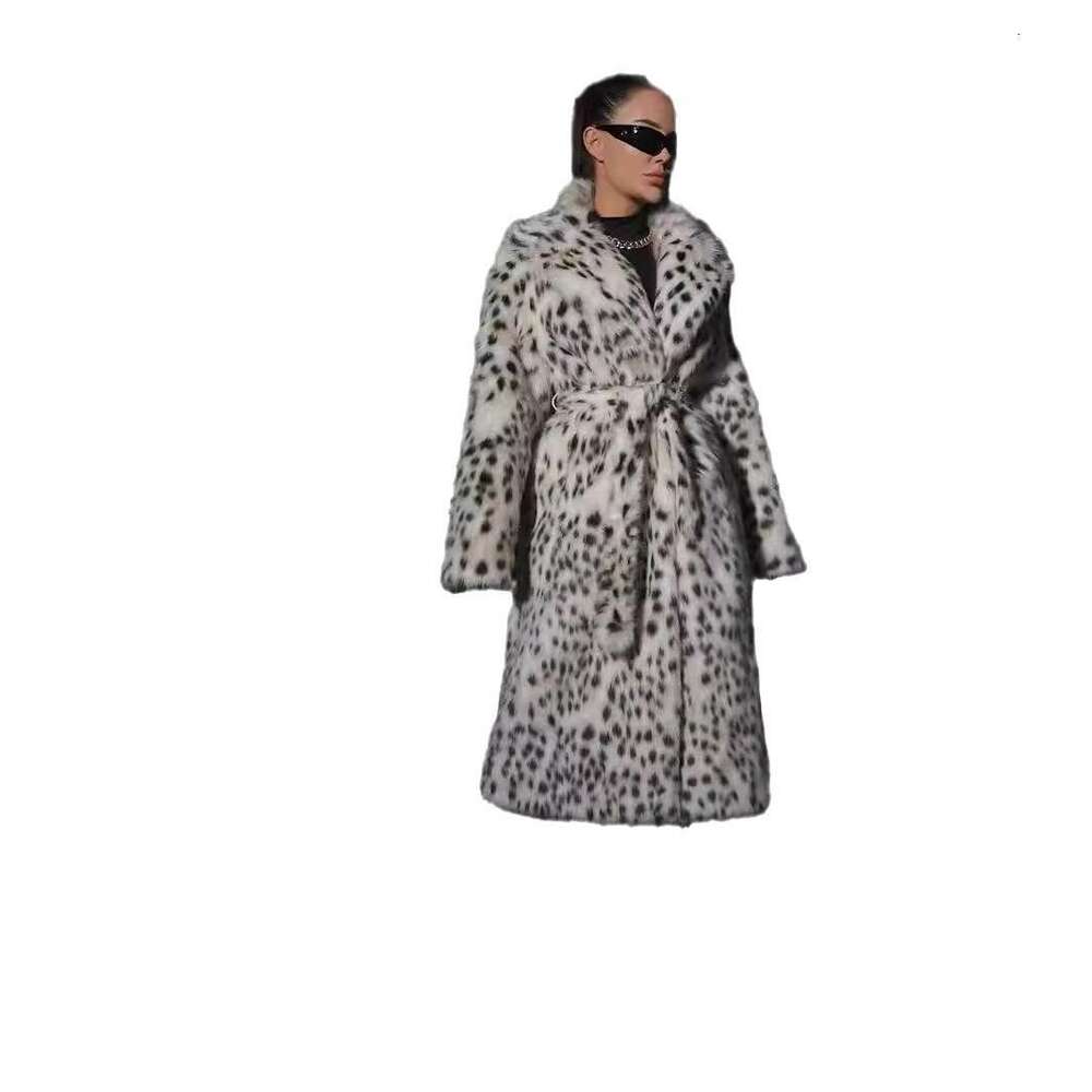 2024 autumn and winter new leopard print women's medium long suit collar imitation fox fur grass coat