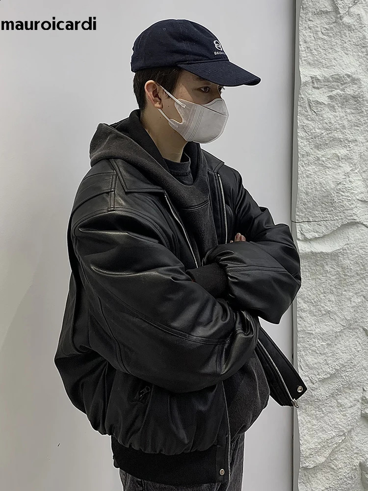 Mauroicardi Spring Autumn Cool Oversized Thickened Warm Black Soft Pu Leather Jacket Men Shoulder Pads ner Clothes 241122