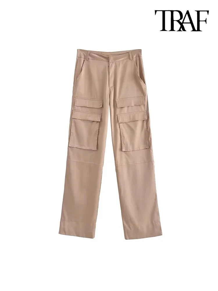 TRAF Women Fashion With Pockets Satin Cargo Pants Vintage High Waist Zipper Fly Female Trousers Mujer 240420