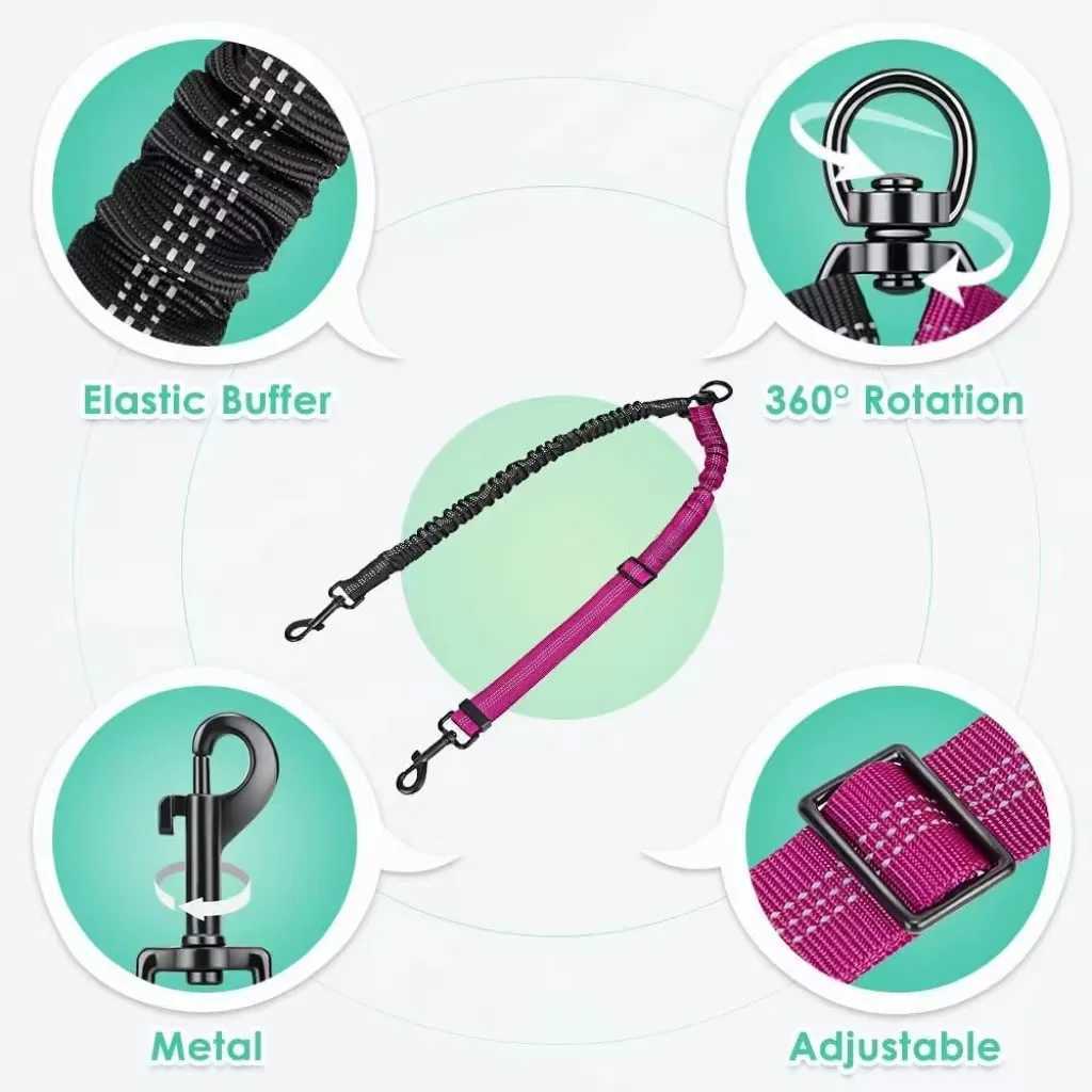 16ft Long Dual Dog Leash Attachment - Double Leashes for Training Small to Large Dogs - Adjustable Strap Shock Absorbing BungeeXJ250218
