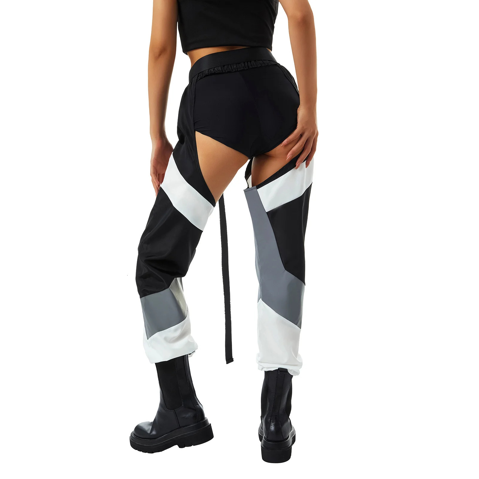 Women's Pants Capris Womens Sexy See Through Buckles Bottomless Pants High Waist Hollow Out Crotchless Pants Rave Chaps Cargo Trousers Streetwear