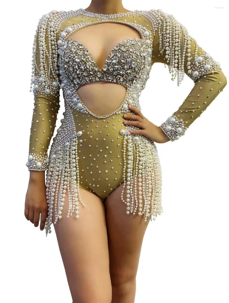 Stage Wear Rhinestones Jumpsuit Stretch Sexy Bodysuit Women Birthday Play Celebrate Dress Dancer Party Show Cx