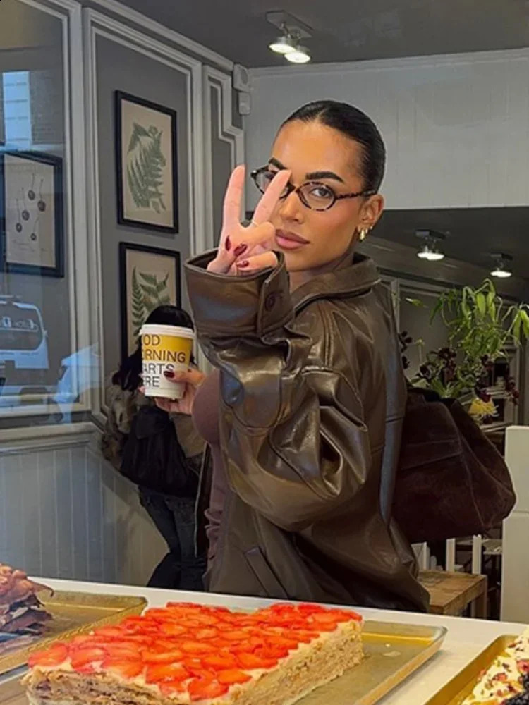 Women Brown Long Sleeve Lapel Leather Jacket Fashion Zipper Pockets Loose Coats Autumn Winter Lady High Street Outerwear 241121