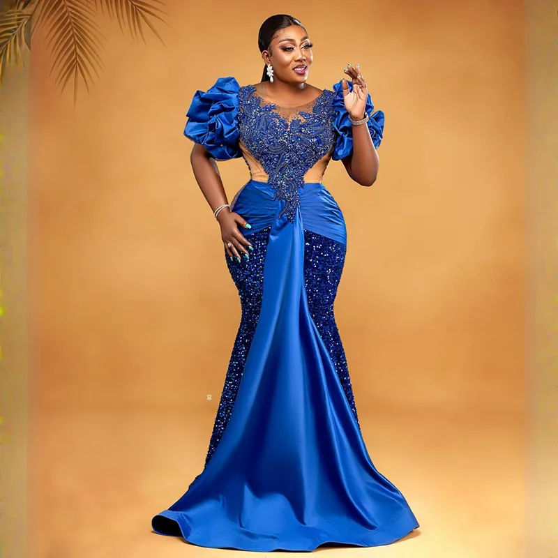 African Royal Blue Sequined Mermaid Prom Dresses With Ruched Short Sleeves Beaded Long Formal Evening Gowns Crew Neck Black Girls Celebrity Wear