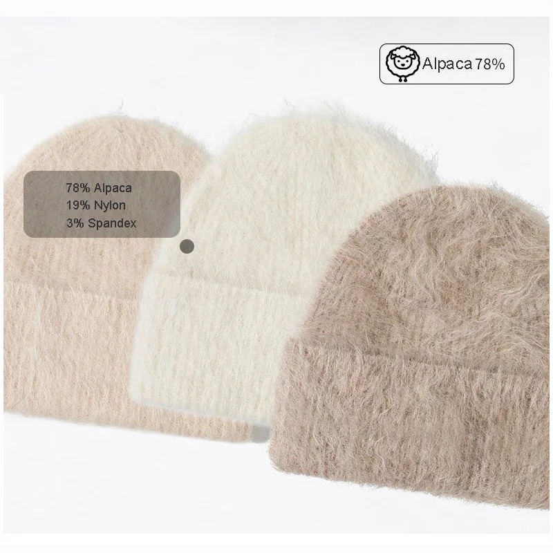 Fluffy Alpaca Wool Beanies Women Warm Knitted Hat Winter Bonnet 241122