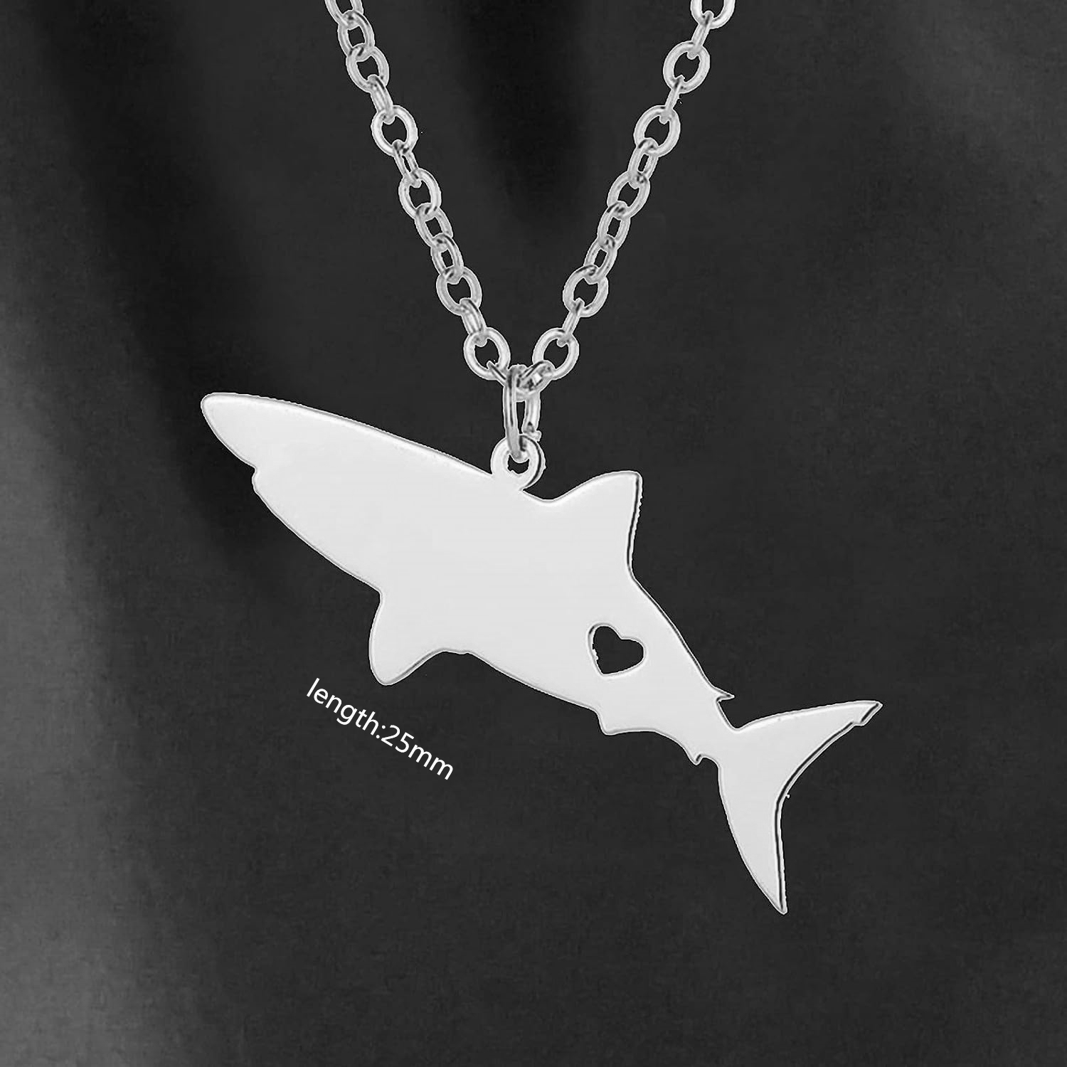 Cute Tiny Fish White Shark Necklace with Heart Small Whale Ray Cetacean Chain Stainless Steel Pendant Clavicle Collar Choker Sea Ocean Aquatic Marine 