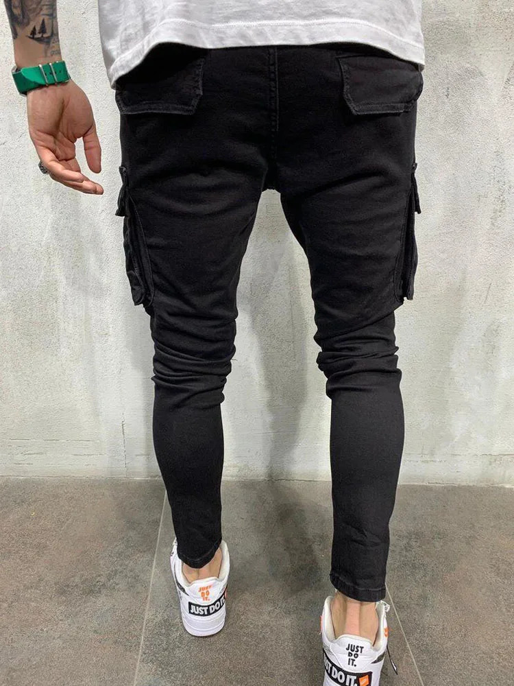 Men Stretchy Multi-pocket Skinny Ripped Jeans Mens Slim Fit Jogger Pencil Pants Fashion jeans Sweatpants Hip hop Trousers 240420