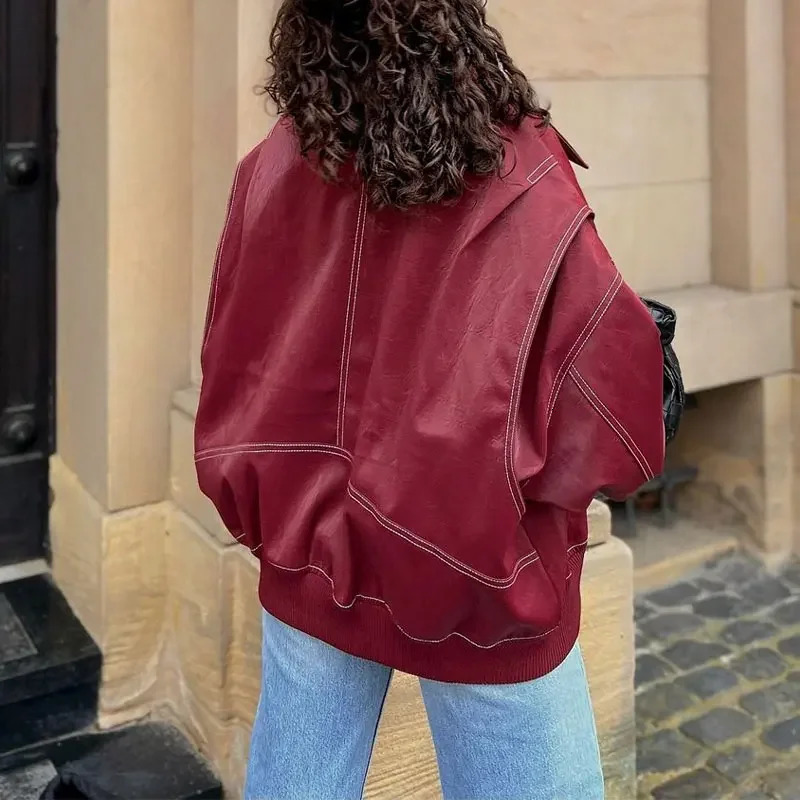 Fashion patch work Pu leather short sleeved jacket womens oversized lapel long sleeved cut jacket womens street jacket 241119