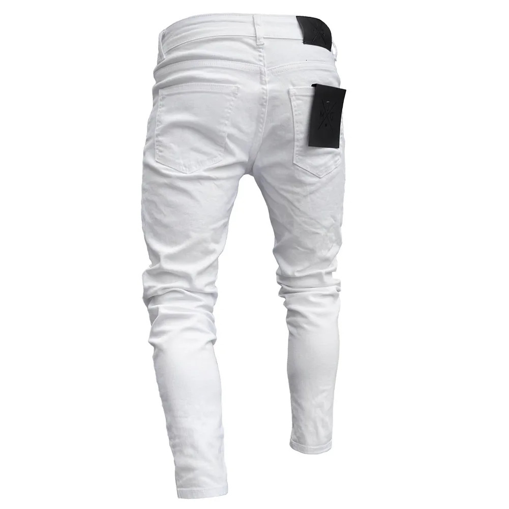 White Embroidery Jeans Men Cotton Stretchy Ripped Skinny Jeans High Quality Hip Hop Black Hole Slim Fit Oversize Denim Pants 240420