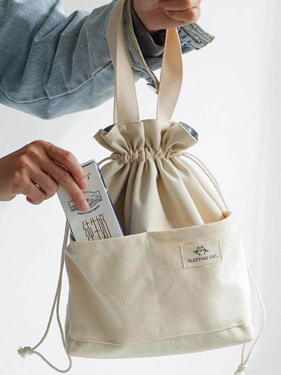 Drawstring Canvas Insulated Lunch Bag Thicken Aluminium Foil Thermal Bento Box Tote Cooler Handbags for Office Outdoor Picnic 241122