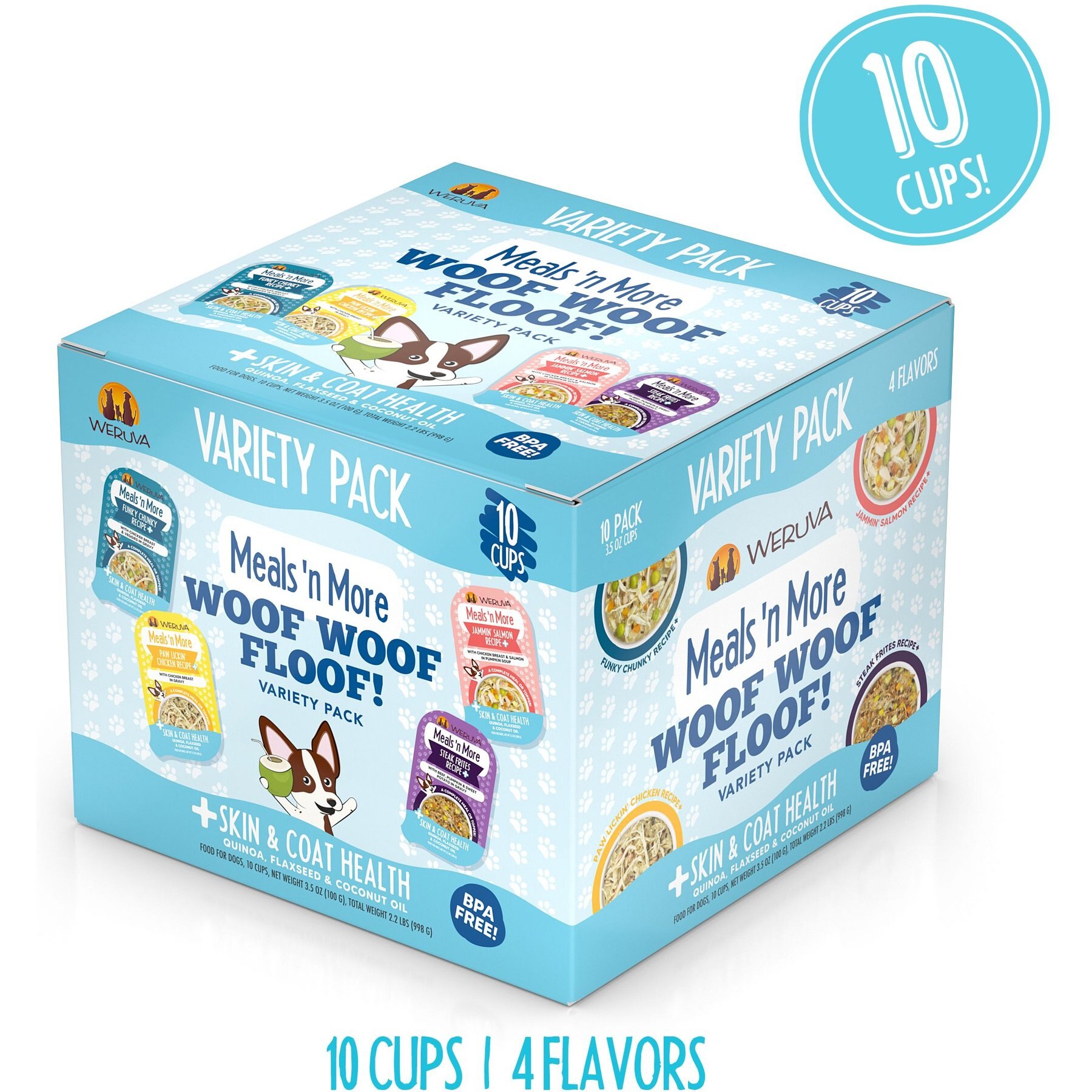 Weruva Meals 'n More Natural Wet Dog Food, Woof Woof Floof! Skin & Coat Health Variety Pack, 3.5-oz cup, 10 count