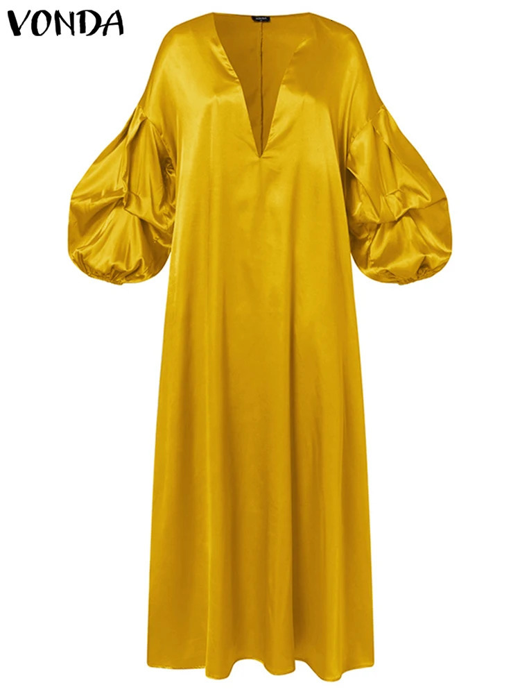 VONDA Women Elegant Satin Maxi Dress Summer Lantern Sleeve Solid Party Sundress Casual Loose V-Neck Bohmeian Evening Robe 240420