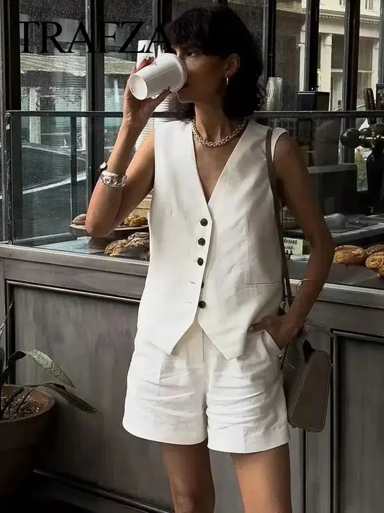 TRAFZA Woman Solid Waistcoat Shorts Set Sleeveless V Neck Buttons Vest Top Zipper Pockets Commute Elegant Female Short Pant 240419