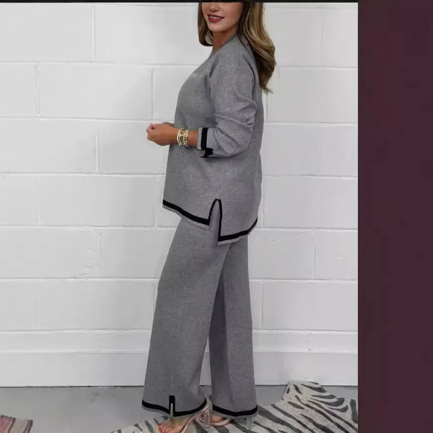 Autumn Winter Fashion Knitted Two Piece Set Women Casual Loose Vneck Long Sleeved Pullover Wide Leg Pants 241122