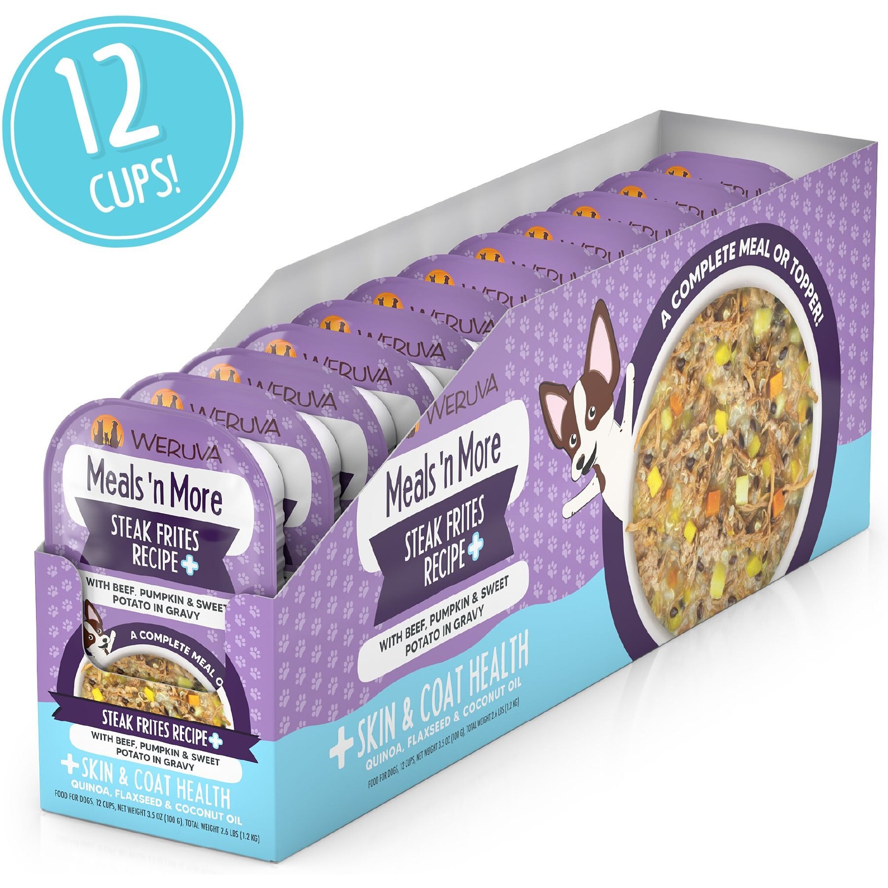 Weruva Meals 'n More Natural Wet Dog Food, Steak Frites Dinner Plus Skin & Coat Health, 3.5-oz cup, 12 count