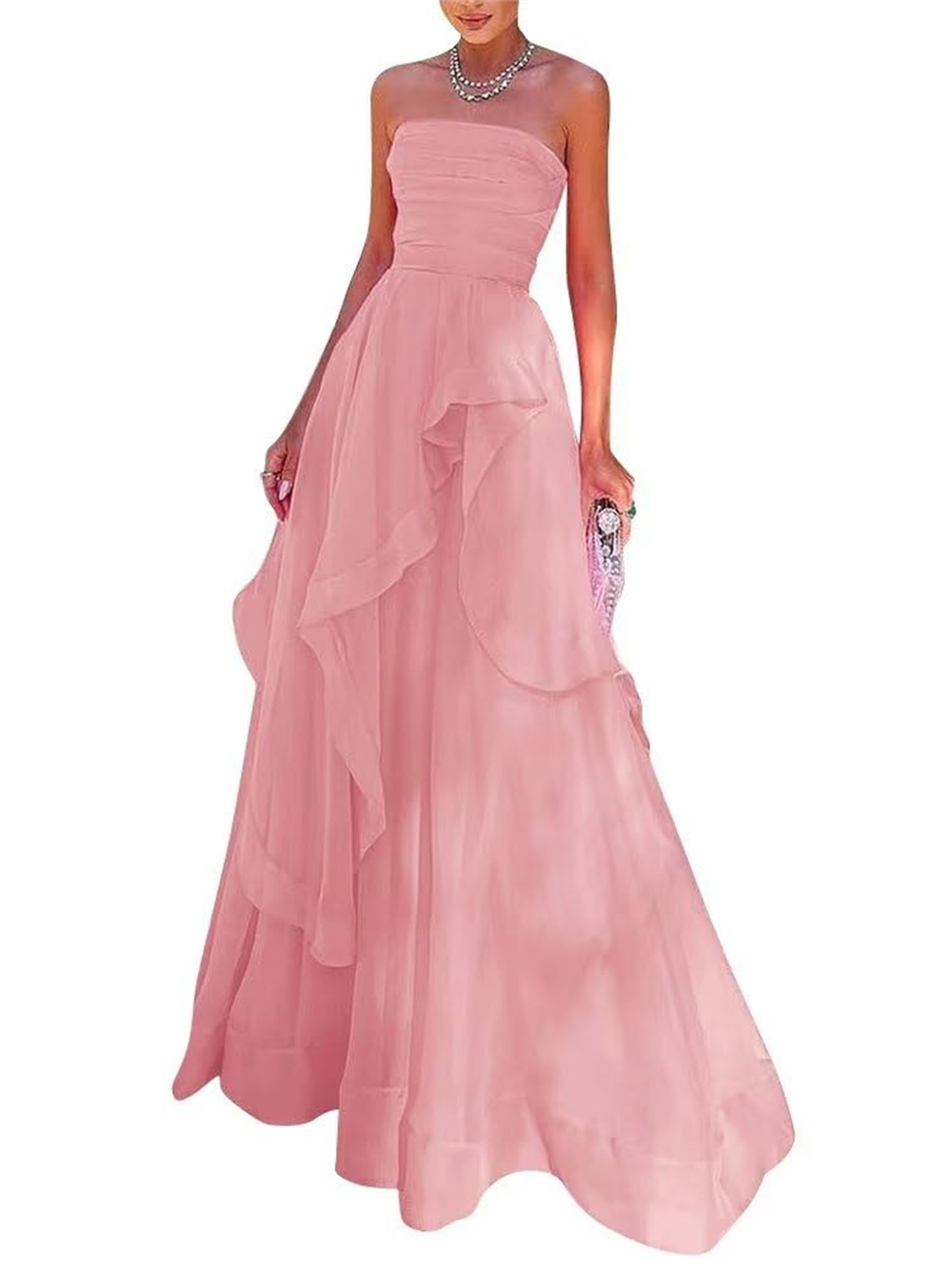 Strapless Long Prom Dresses Chiffon Ruffles A-Line Lace-up Plus Size Formal Occasion Evening Party Gown Pd18