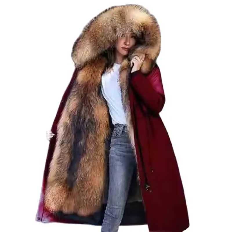 New winter 2024 Kn long hooded loose ultra-thin womens raccoon fur coat with detachable fur lining warm and casual womens coat 5XL W241122
