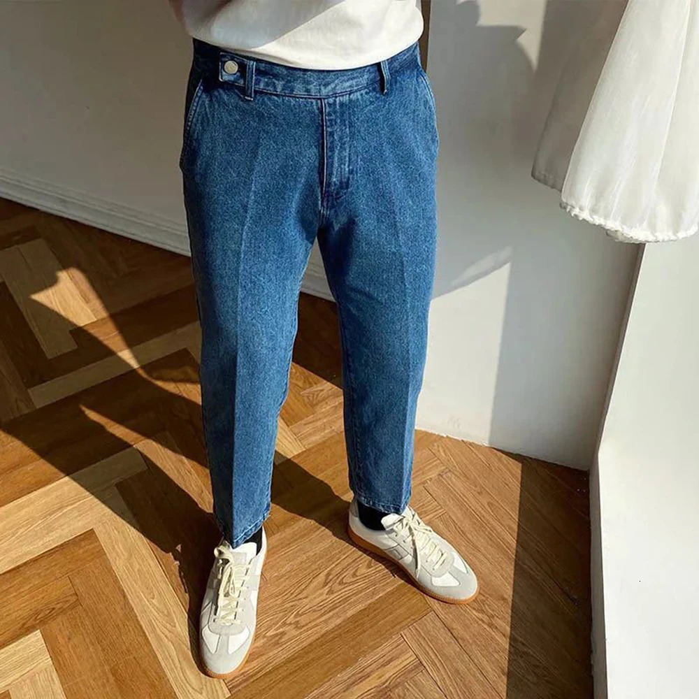 Mens French Slim Fashion Distressed High Waist Jeans Genderless Retro Solid Color Denim Straight Leg Casual Nine-Point Pants 240410