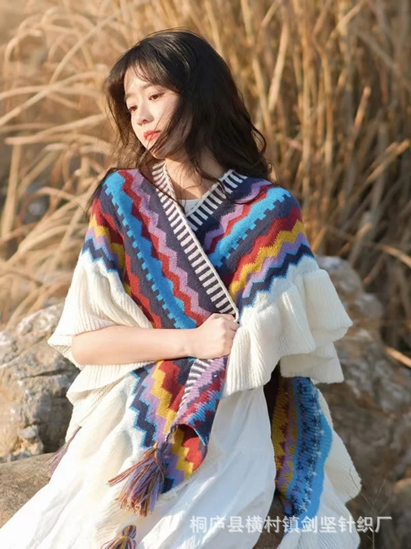 Women Autumn Winter Bohemian Faux Cashmere Ethnic Style Long Thick Poncho Shawl Female Big Pendulum Loose Cloak Coat 240419