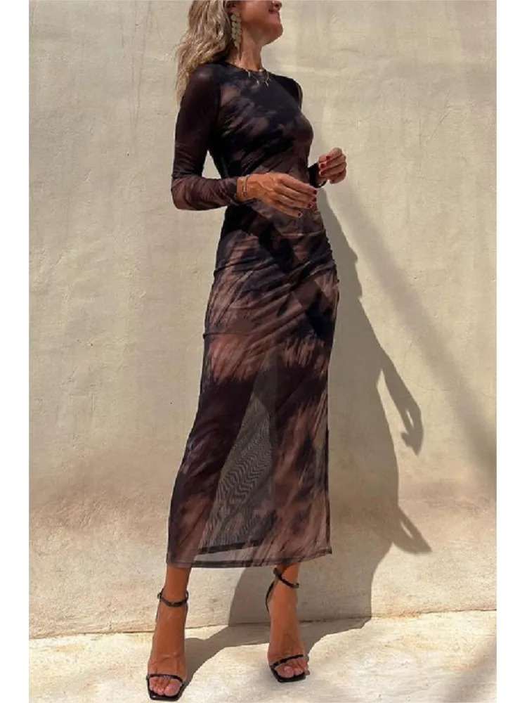 Tie Dye Printed Mesh See-through Maxi Dresses For Women Sexy Slim Slit Party Evening Dress Spring Fashion Club Vestidos 240420